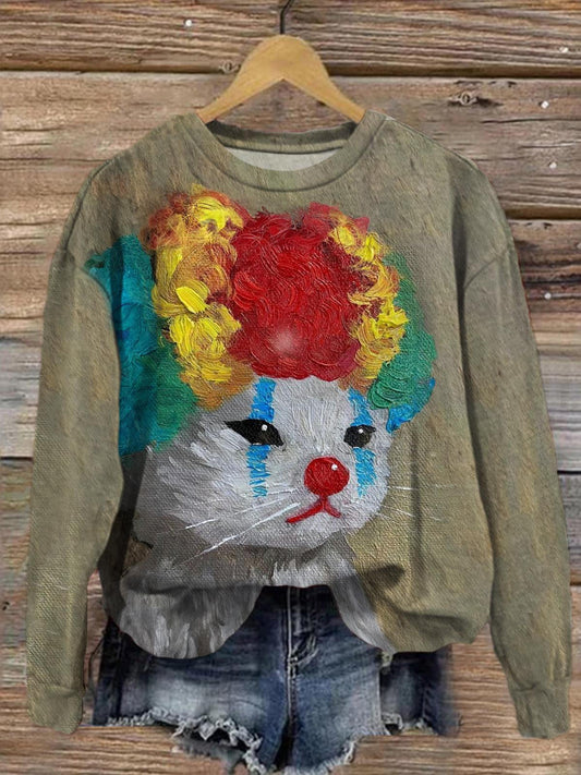 Women's Clown Cat Painting Printed Long Sleeve Top