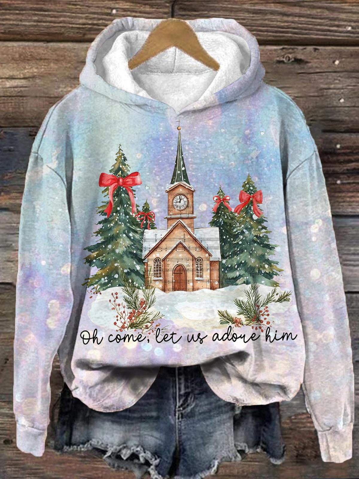 Oh Come Let Us Adore Him Christmas Print Long Sleeve Top