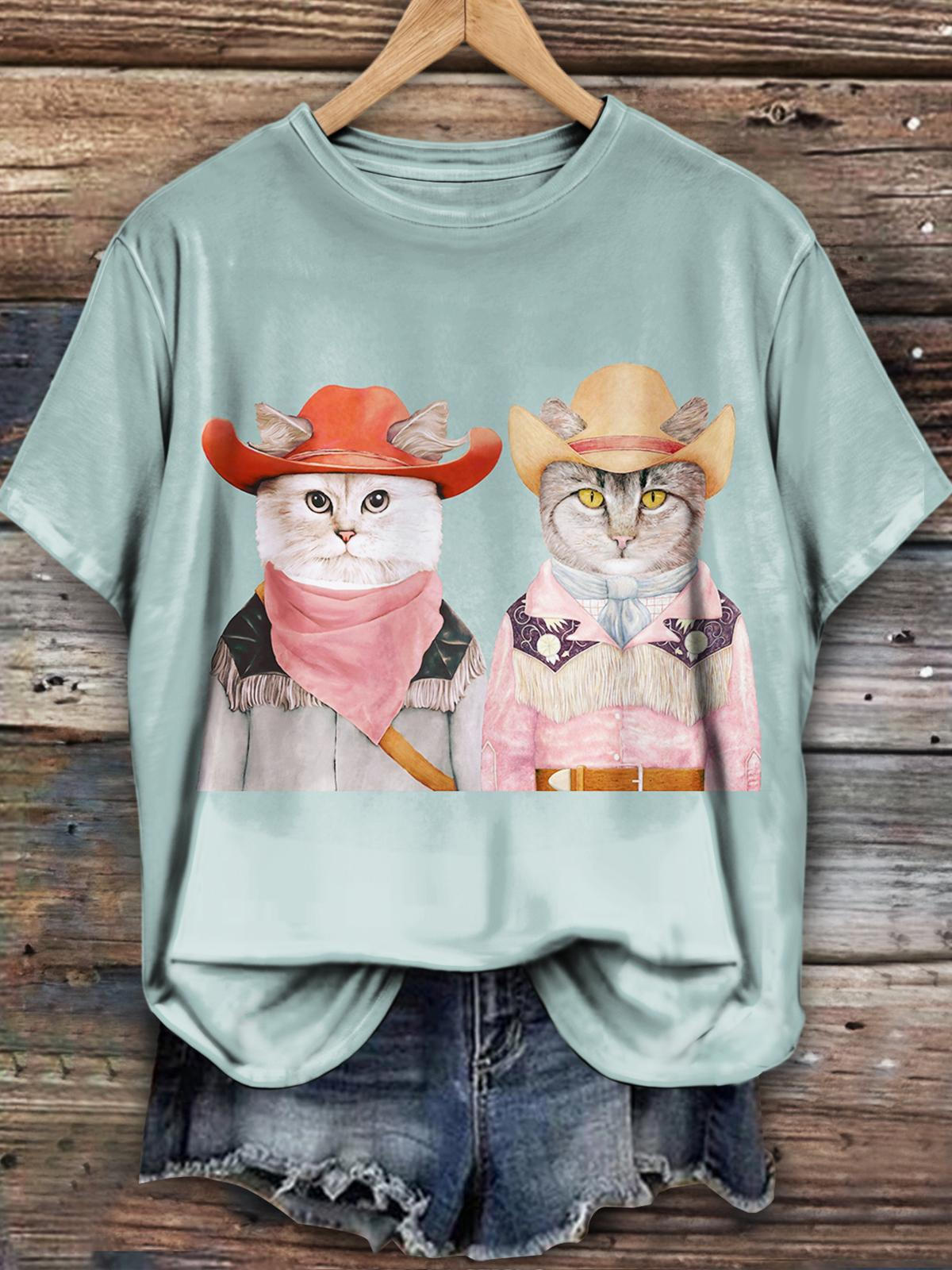 Cat Valentine's Day Western Denim Sisters Brothers Printed Casual T-shirt