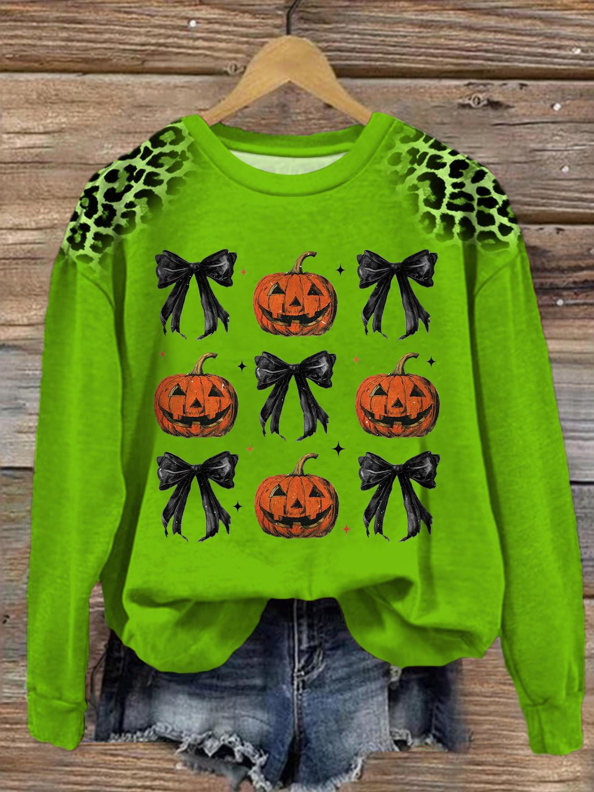 Women's Halloween Pumpkin Bow Round Neck Long Sleeve Top