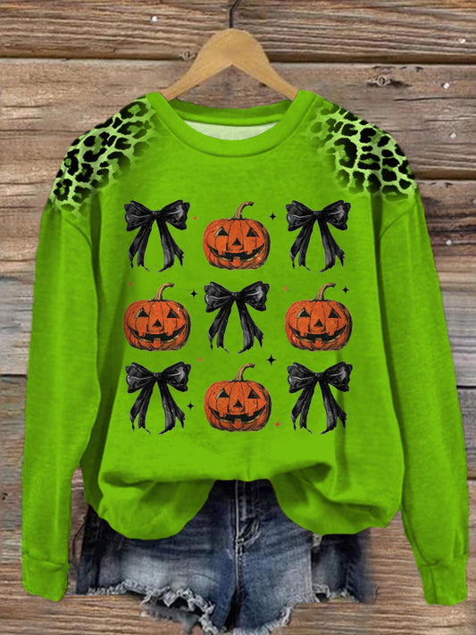 Women's Halloween Pumpkin Bow Round Neck Long Sleeve Top