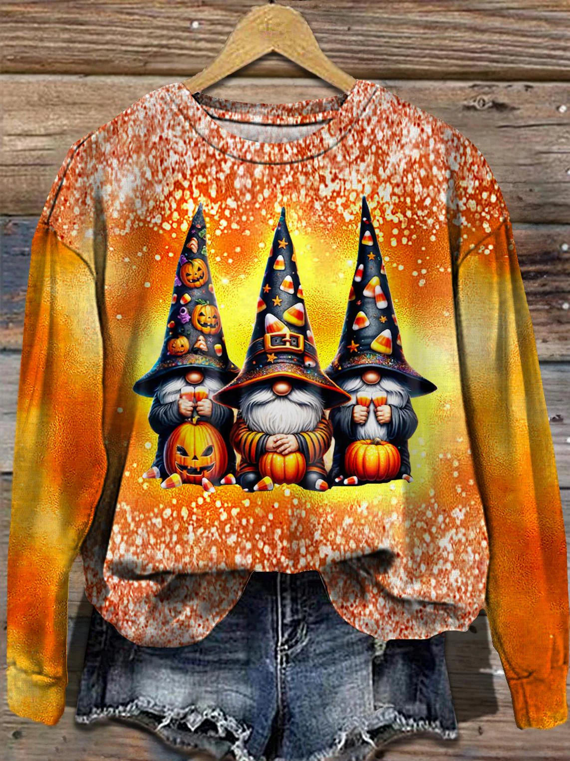 Halloween Dwarf Pumpkin Tie-dye Casual Long Sleeve Sweatshirt