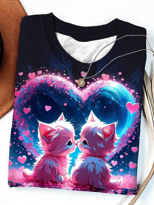 Women's Neon Cat Love Heart Crew Neck T-shirt