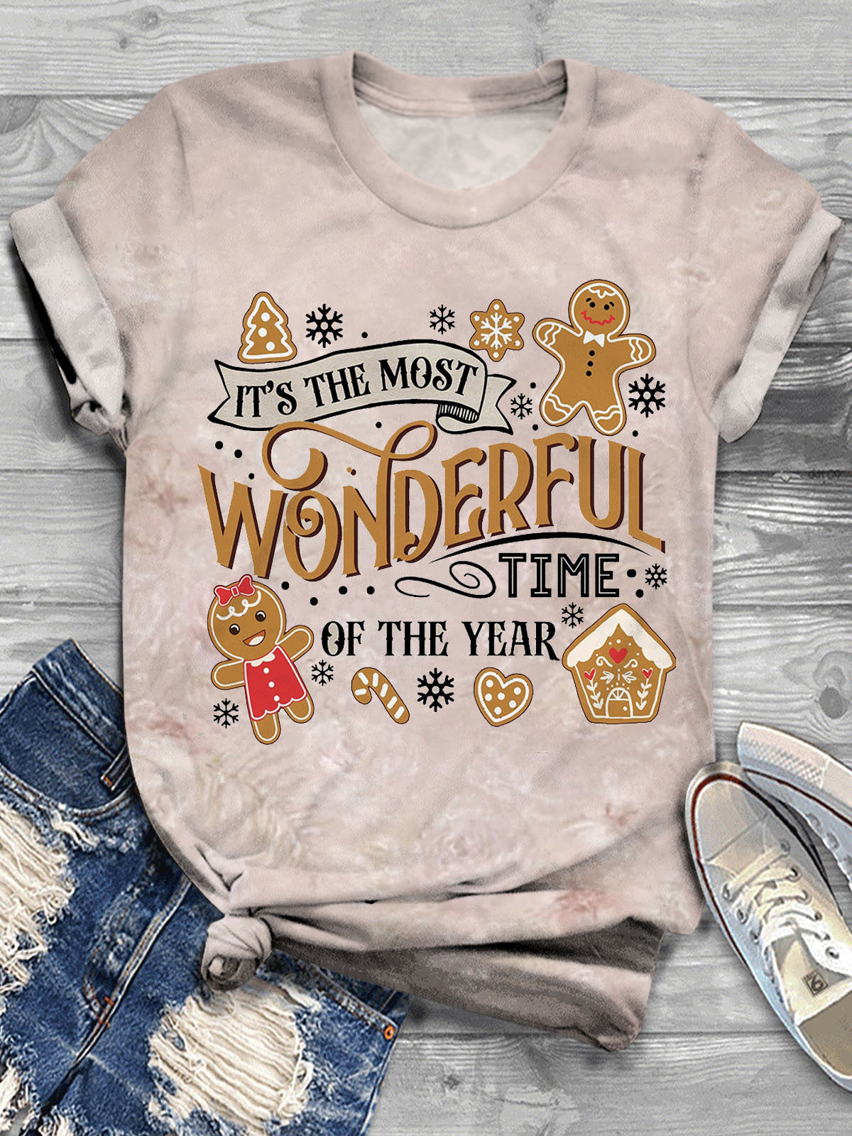 Women's Christmas Wonderful Time Printed Casual T-shirt