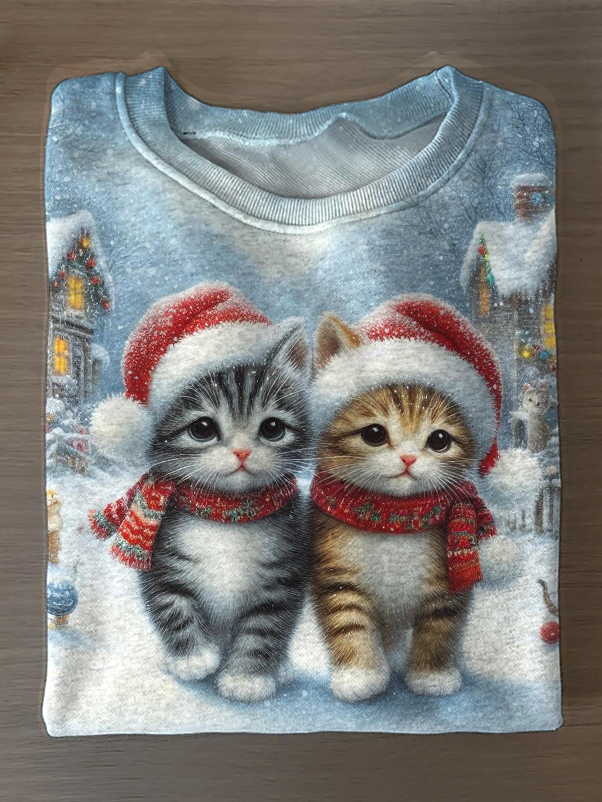 Christmas Cute Cat Printed Long Sleeve Casual Sweatshirt