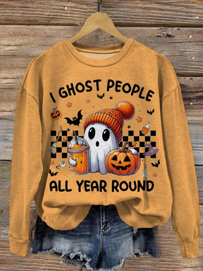 Halloween Cute Ghost Pumpkin Print Long Sleeve Sweatshirt