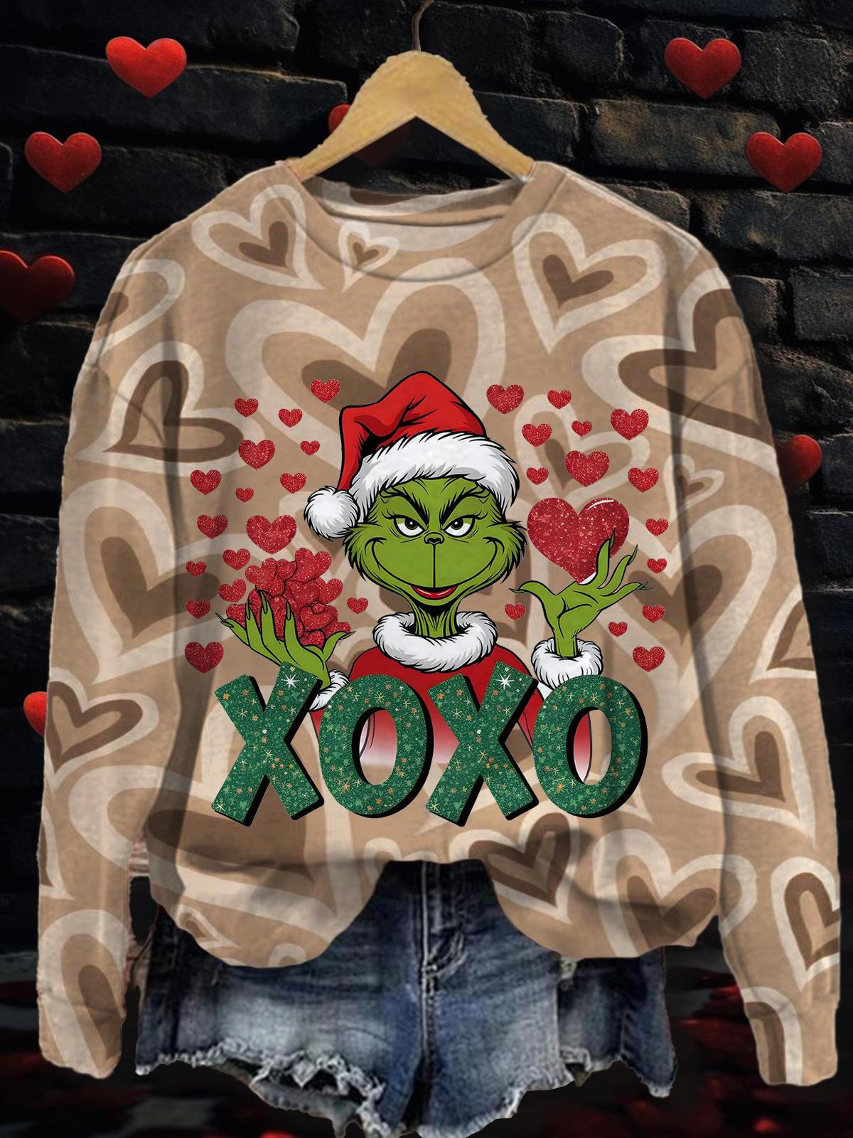 Xoxo Green Monter Valentines Printed Long Sleeve Casual Top