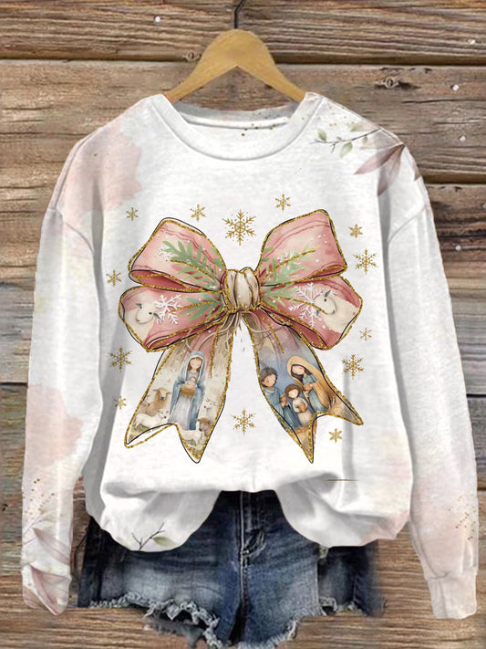 Pink Christian Bow Printed Long Sleeve Casual Top