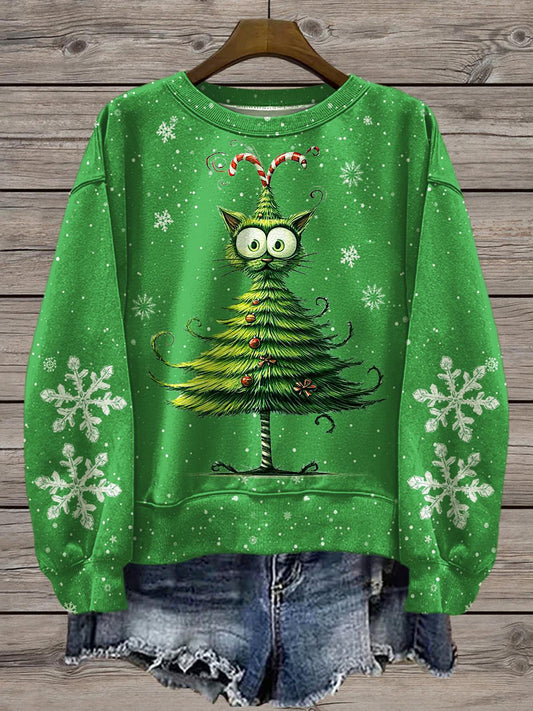 Women's Christmas Tree Cat Snowflake Printed Long Sleeve Casual Top