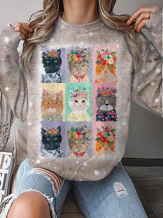 Women's Retro Cat Printed Long Sleeve Casual Top