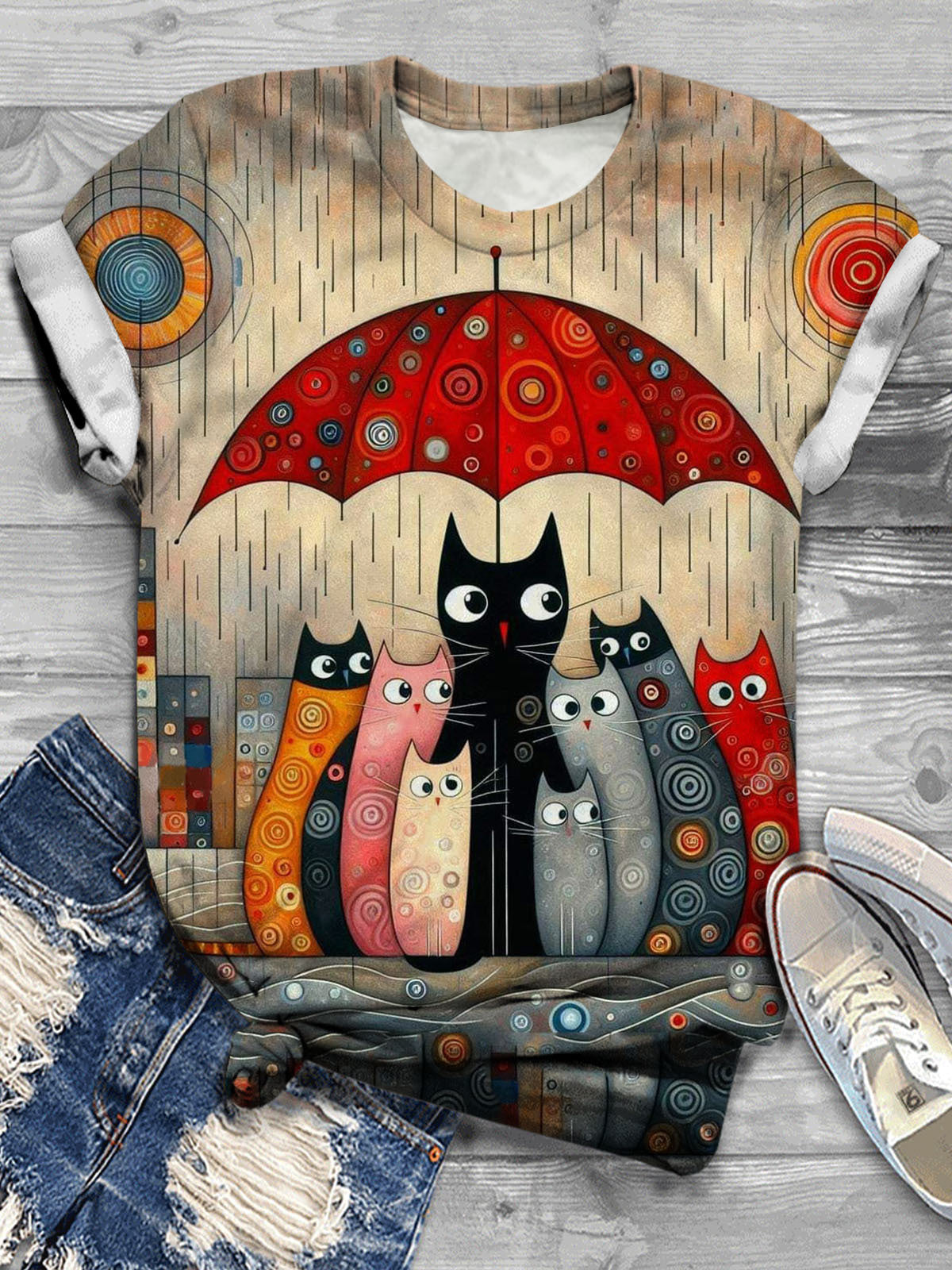 Women's Cute Cat Rain Retro Print Casual T-shirt