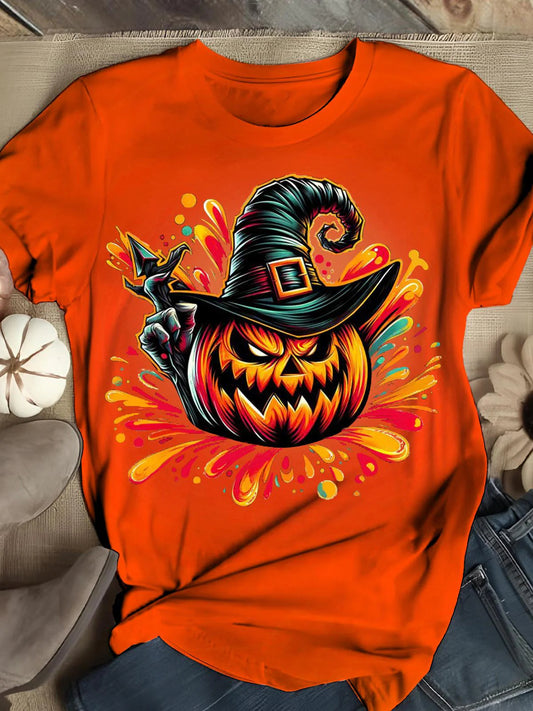 Halloween Scary Cartoon Pumpkin Print Casual T-Shirt