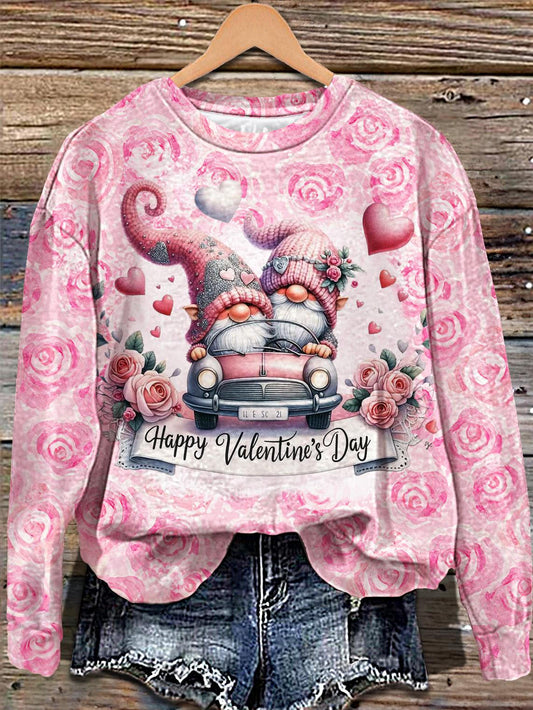 Women's Valentine's Day Gnome Rose Printed Long Sleeve Casual Top