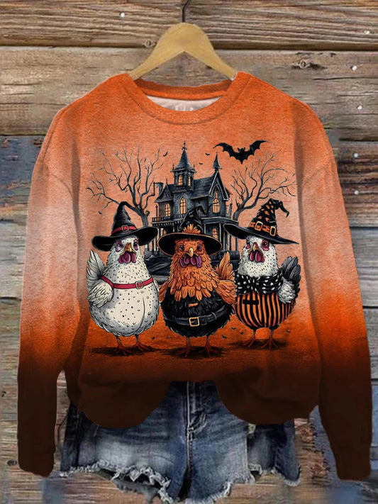 Chicken Castle Print Tie-dye Long Sleeve Sweatshirt