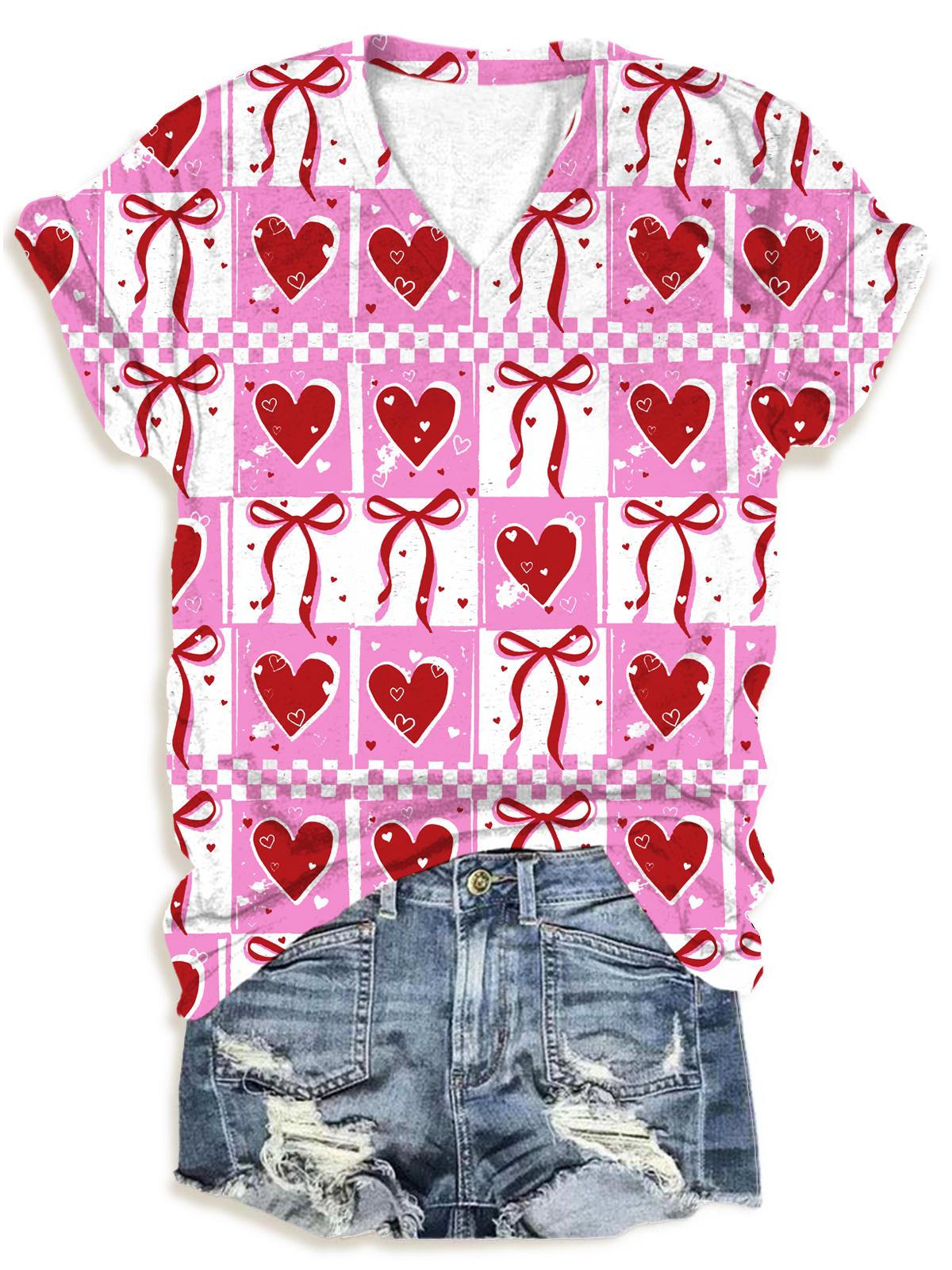 Valentine's Day Heart Coquette Bow V-Neck T-Shirt