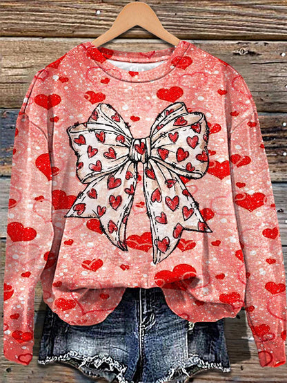 Women's Valentine's Day Heart Bow Printed Long Sleeve Casual Top