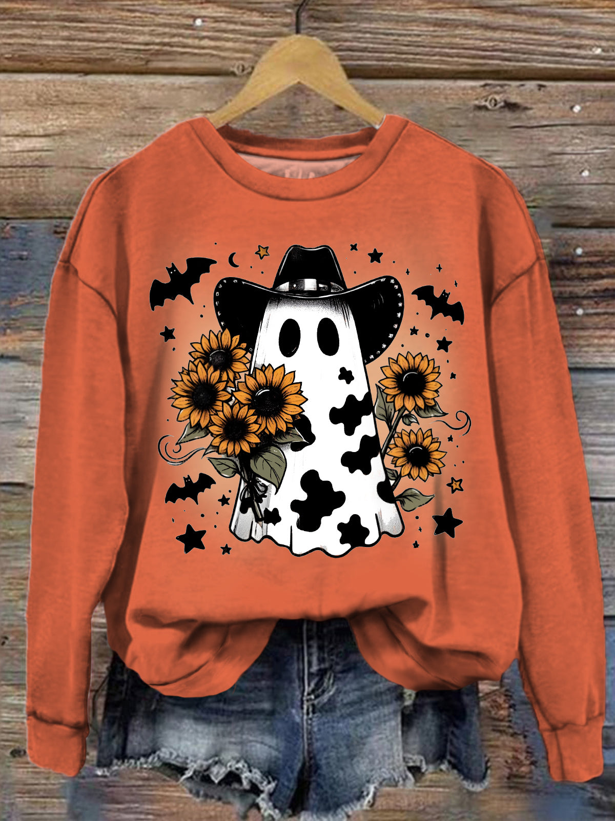 Women's Halloween Western Denim Sunflower Cute Print Top