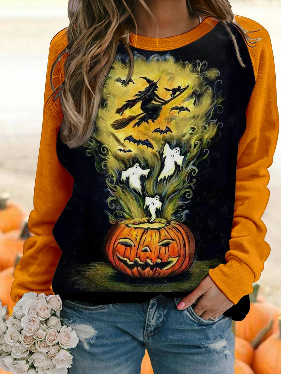 Halloween Angry Pumpkin Witch Raglan Long Sleeve Sweatshirt