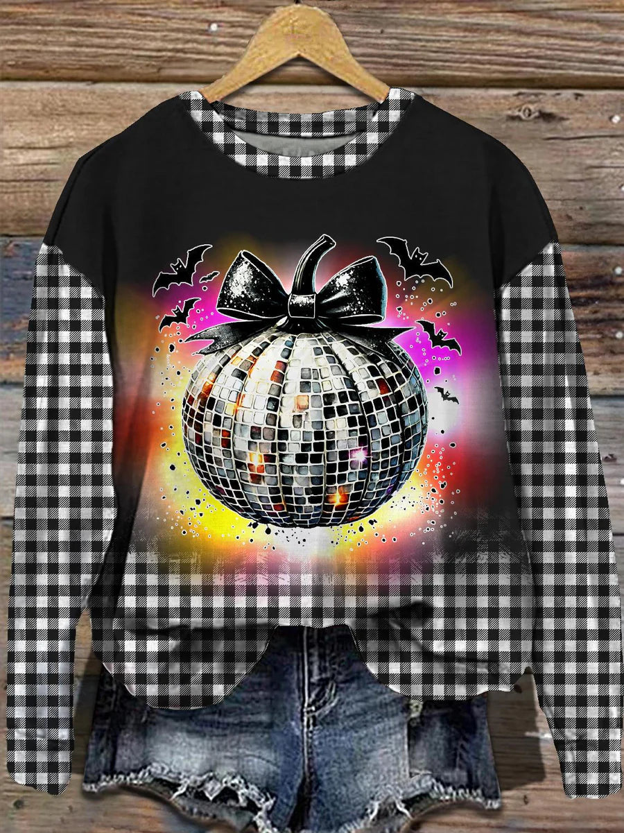 Disco Pumpkin Plaid Raglan Long Sleeve Sweatshirt