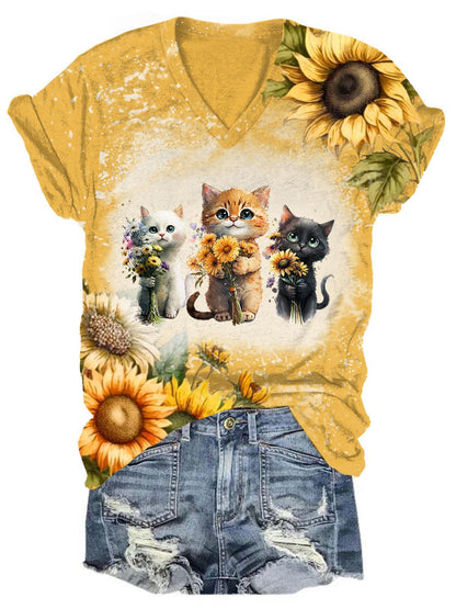 Sunflower Cat Print Tie Dye V Neck T-Shirt