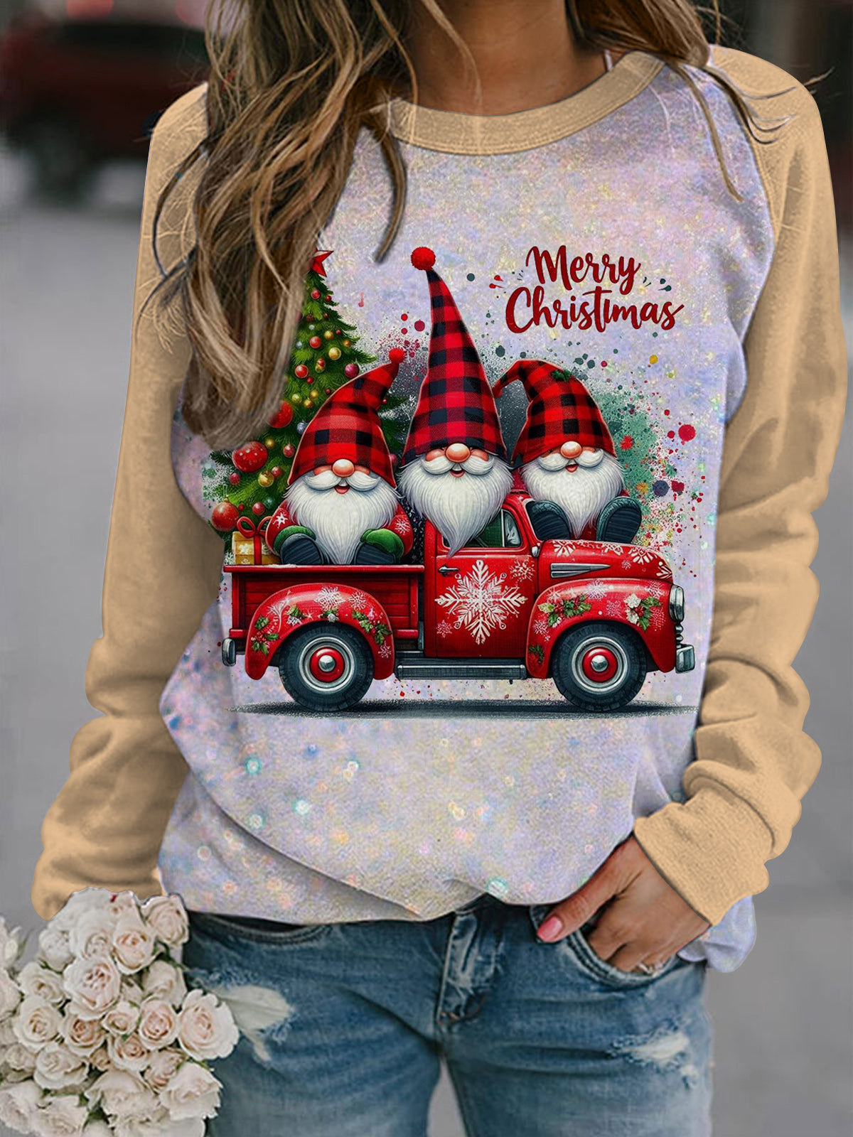 Merry Christmas Gnome Print Long Sleeve Top