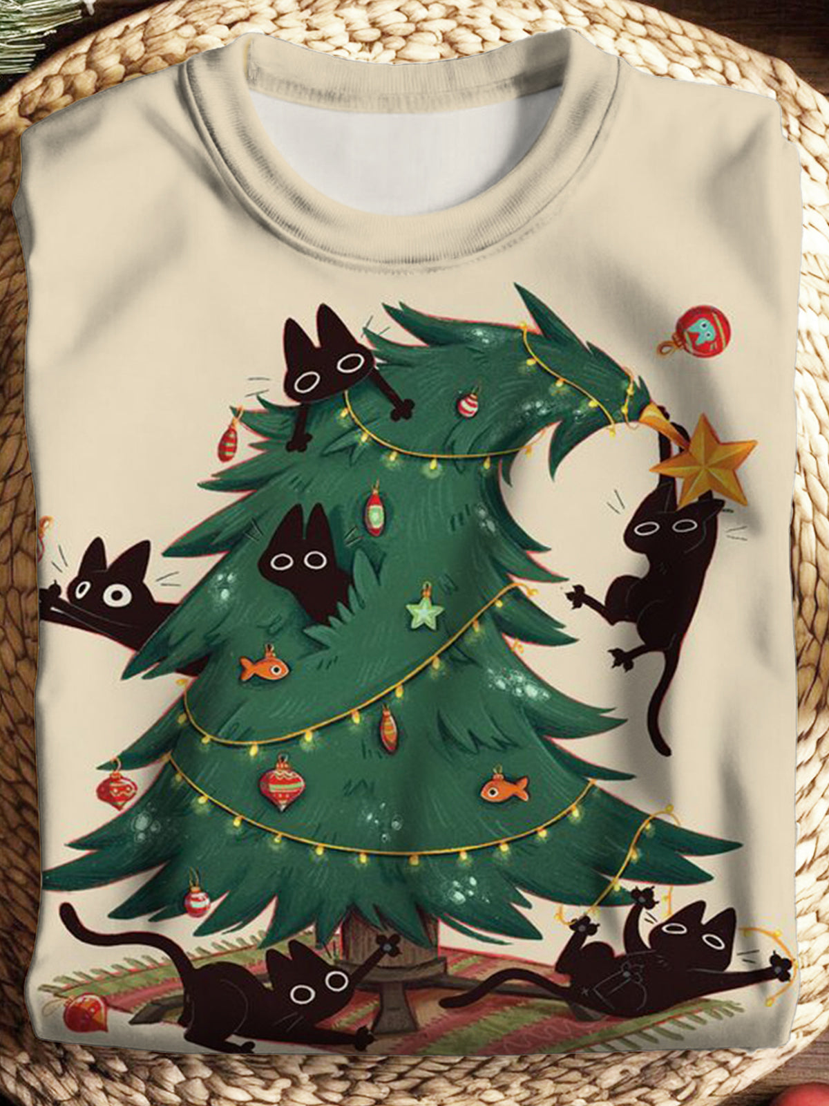 Women's Christmas Tree Cute Cat Print Casual Long Sleeve Top