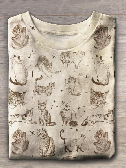 Retro Cats Print Crew Neck T-shirt