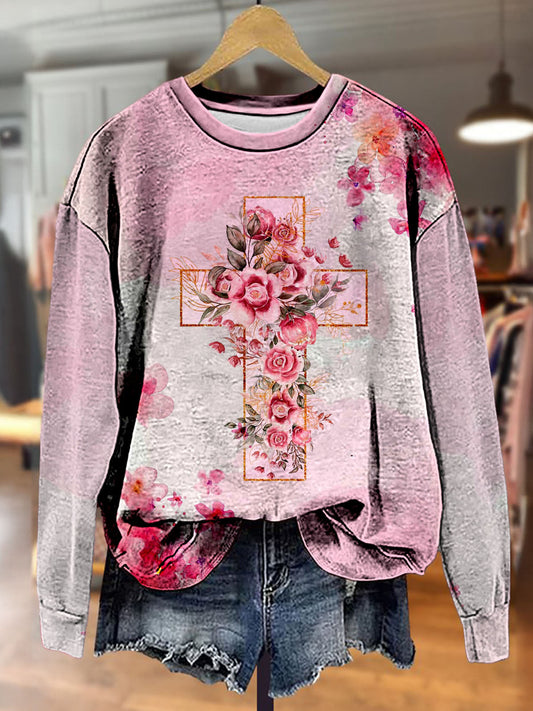 Women's Cross Flowers Faith Printed Long Sleeve Casual Top