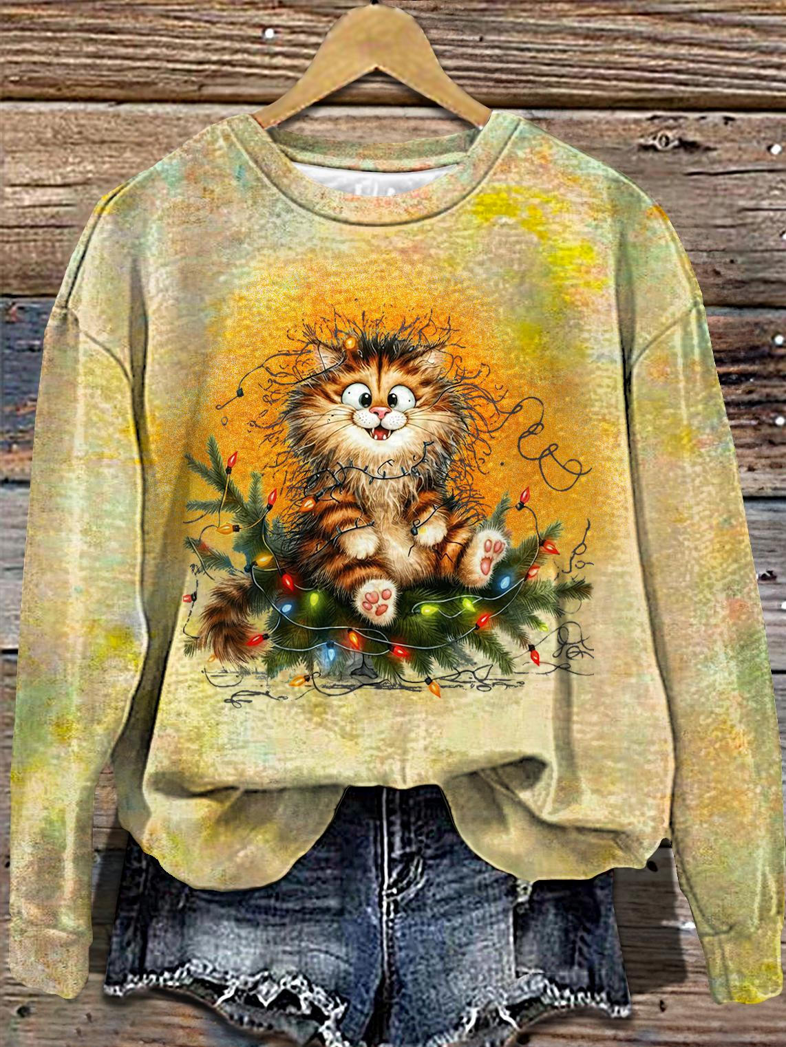 Women's Christmas Quirky Cat Printed Long Sleeve Casual Top