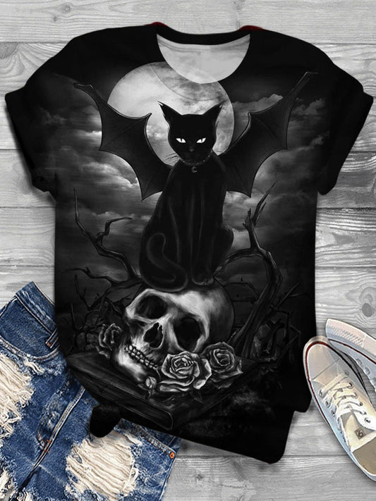 Cat Skull Print T-Shirt