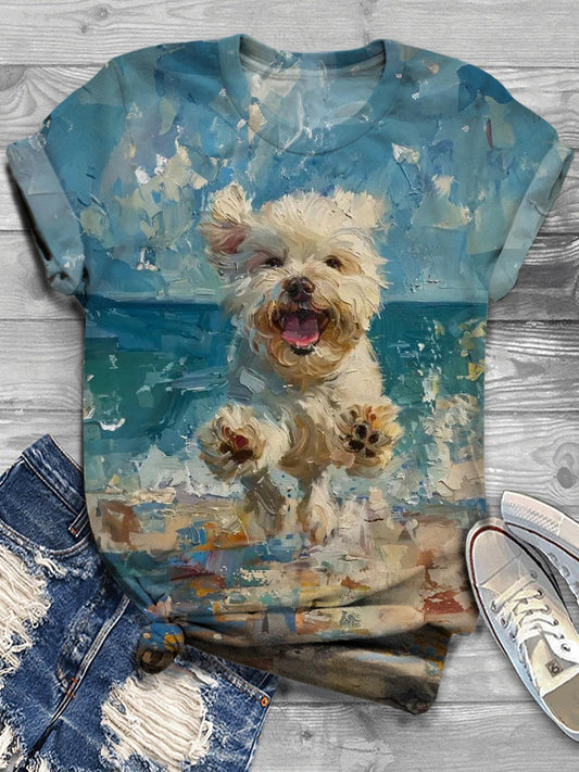 Women's Cute Puppy Beach Vacation Casual Round Neck T-shirt