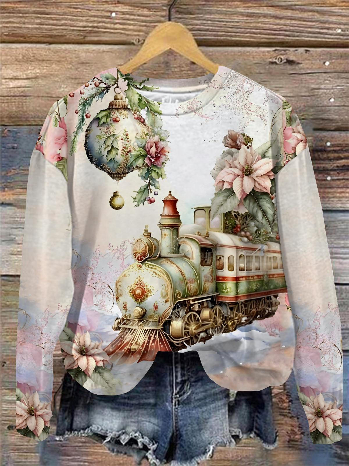 Christmas Train Print Round Neck Long Sleeve Top