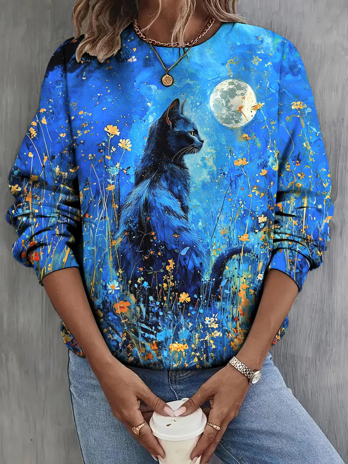 Women's Cat Flower Field Night Sky Floral Print Casual Long Sleeve Top