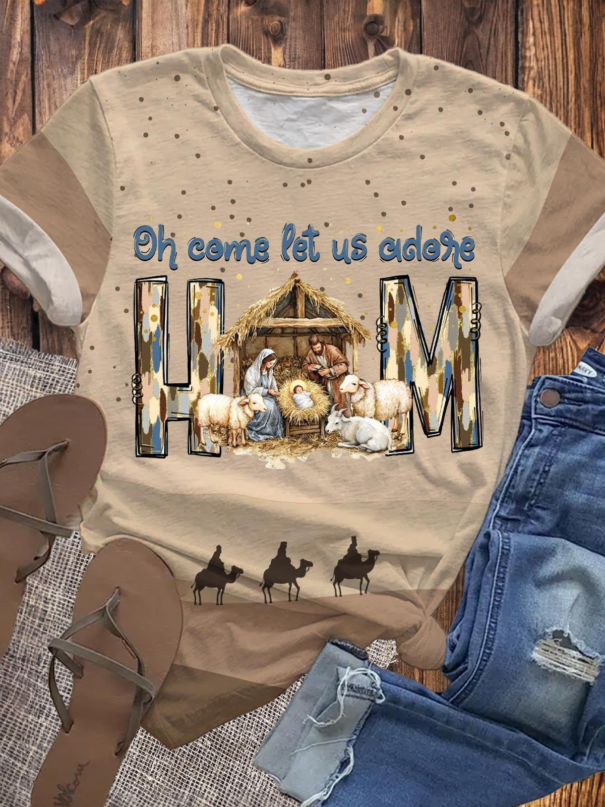 Oh Come Let Us Adore Him Jesus Christmas Crew Neck T-shirt