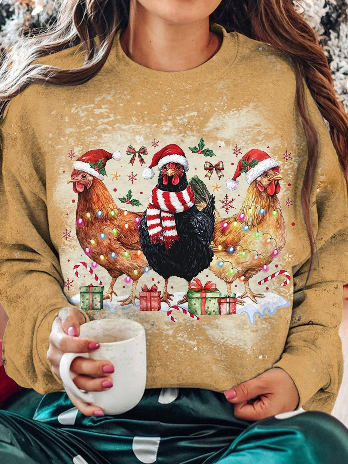 Women's Christmas Chicken Winter Print Long Sleeve Top