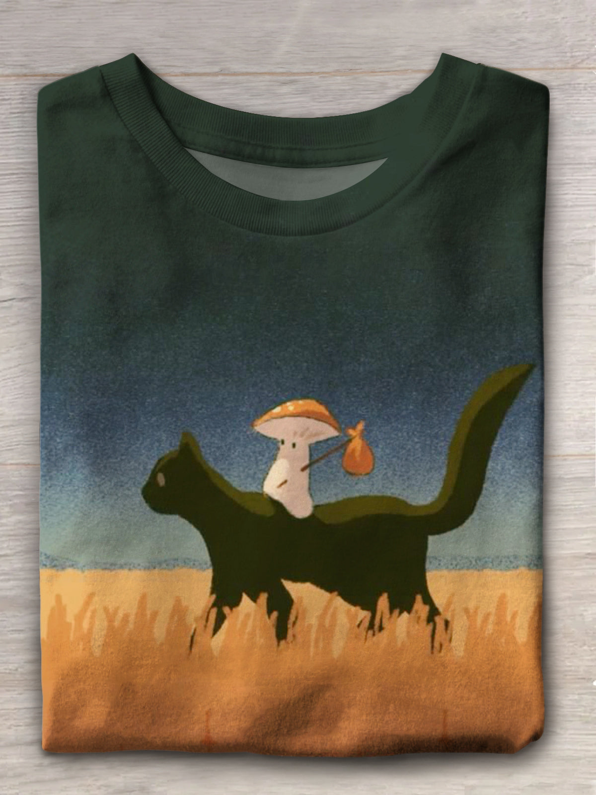 Cat and Mushroom Retro Crew Neck T-shirt