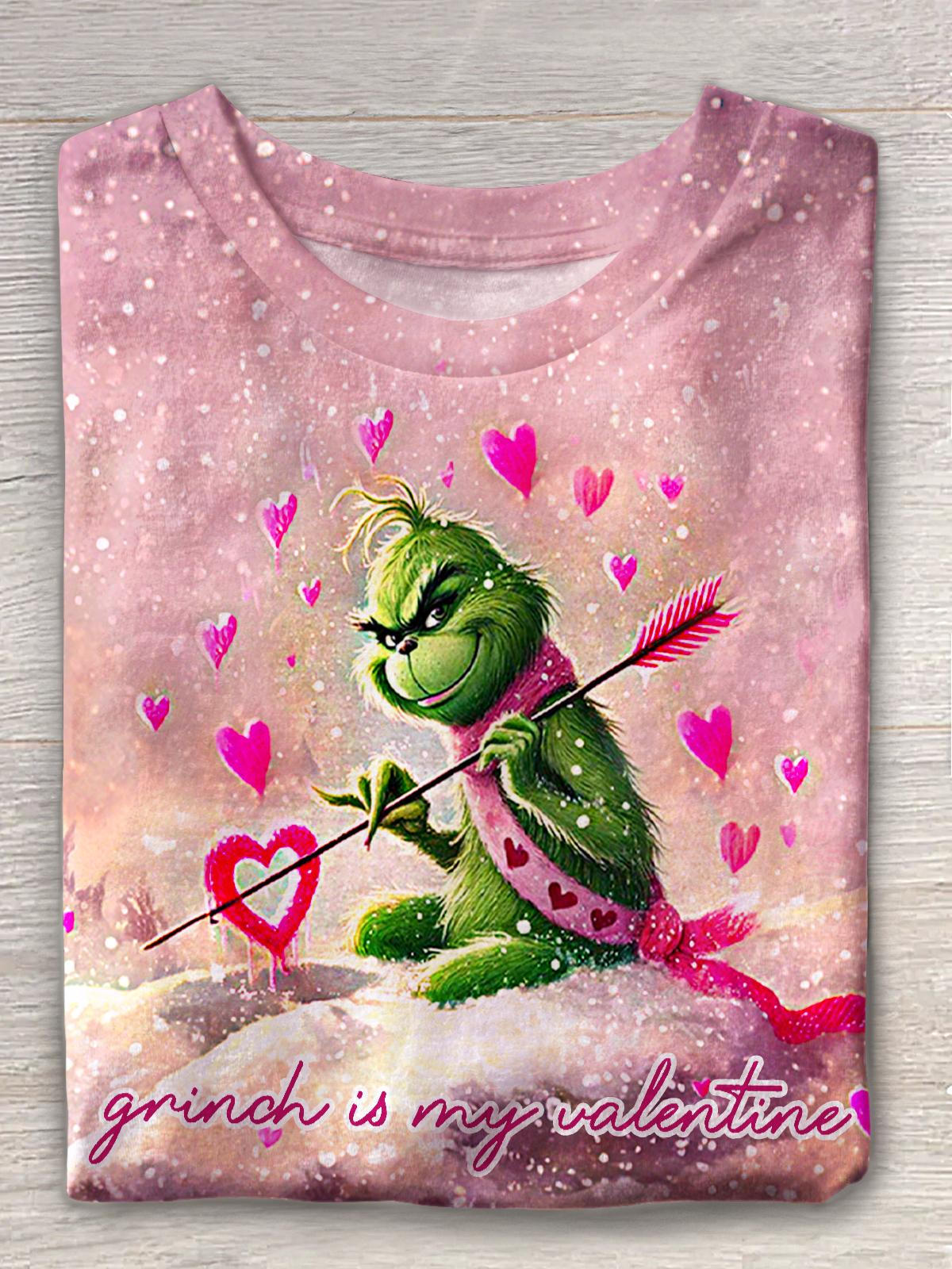 Cute Green Fur Valentine's Day Retro Print Crew Neck T-shirt