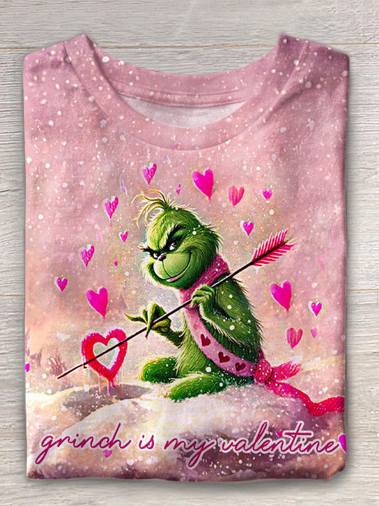 Cute Green Fur Valentine's Day Retro Print Crew Neck T-shirt