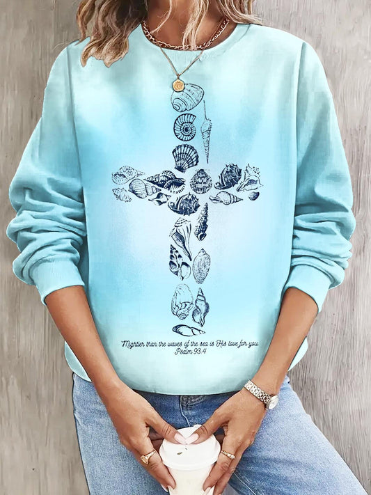 Women's Marine Style Christian Cross Print Long Sleeve Casual Top