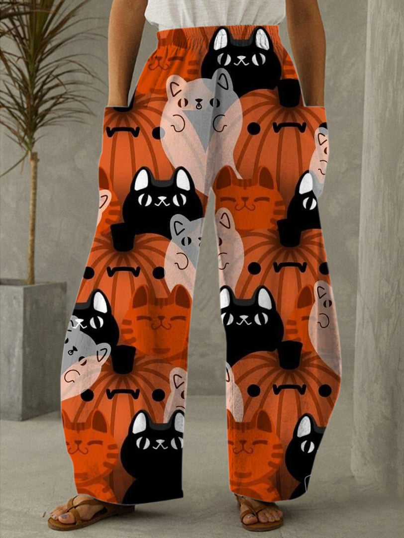 Halloween Funny Pumpkin And Cat Print Casual Pants