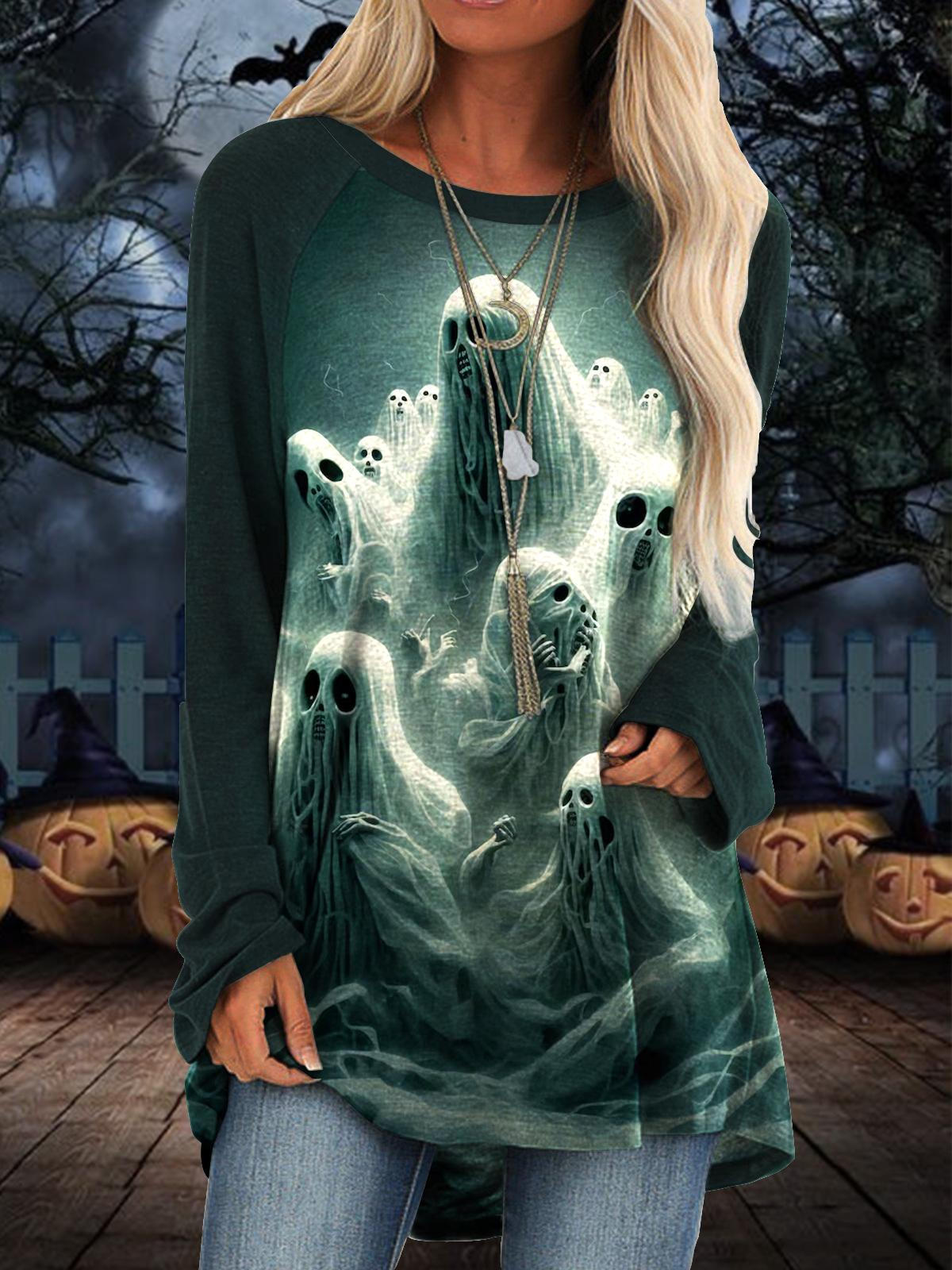 Women's Halloween Ghost Print Crewneck Top