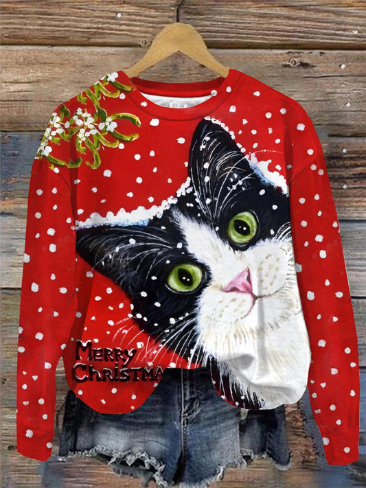 Christmas Cat Print Crew Neck Long Sleeve Casual Sweatshirt