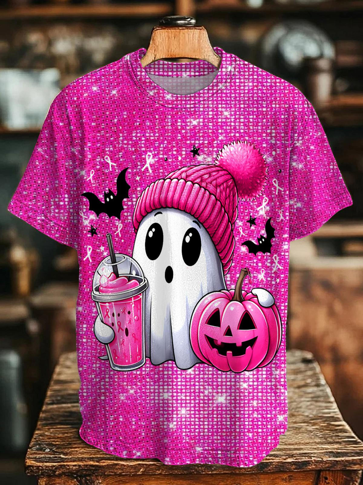 Halloween Breast Cancer Ghost Crew Neck T-shirt