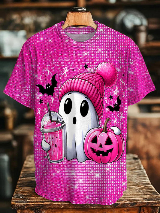Halloween Breast Cancer Ghost Crew Neck T-shirt