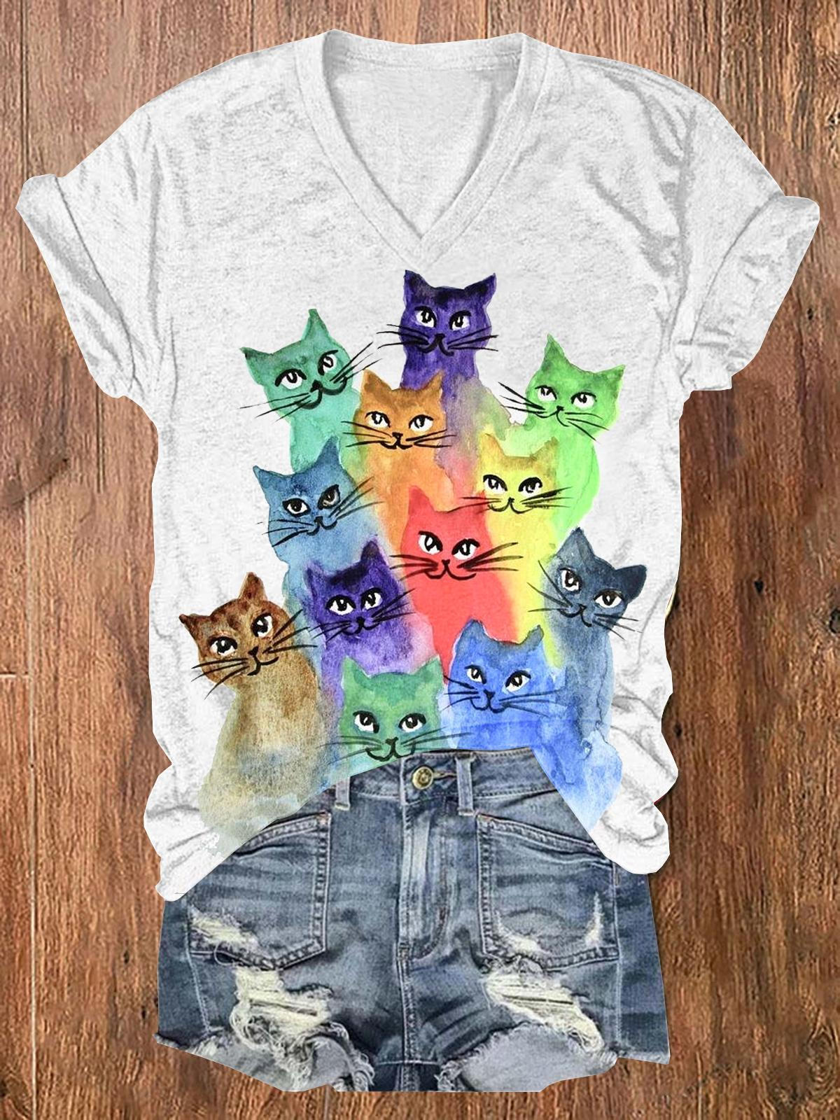 Cat V-Neck T-Shirt