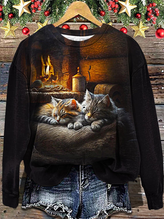 Women's Winter Fireplace Cat Printed Long Sleeve Casual Top