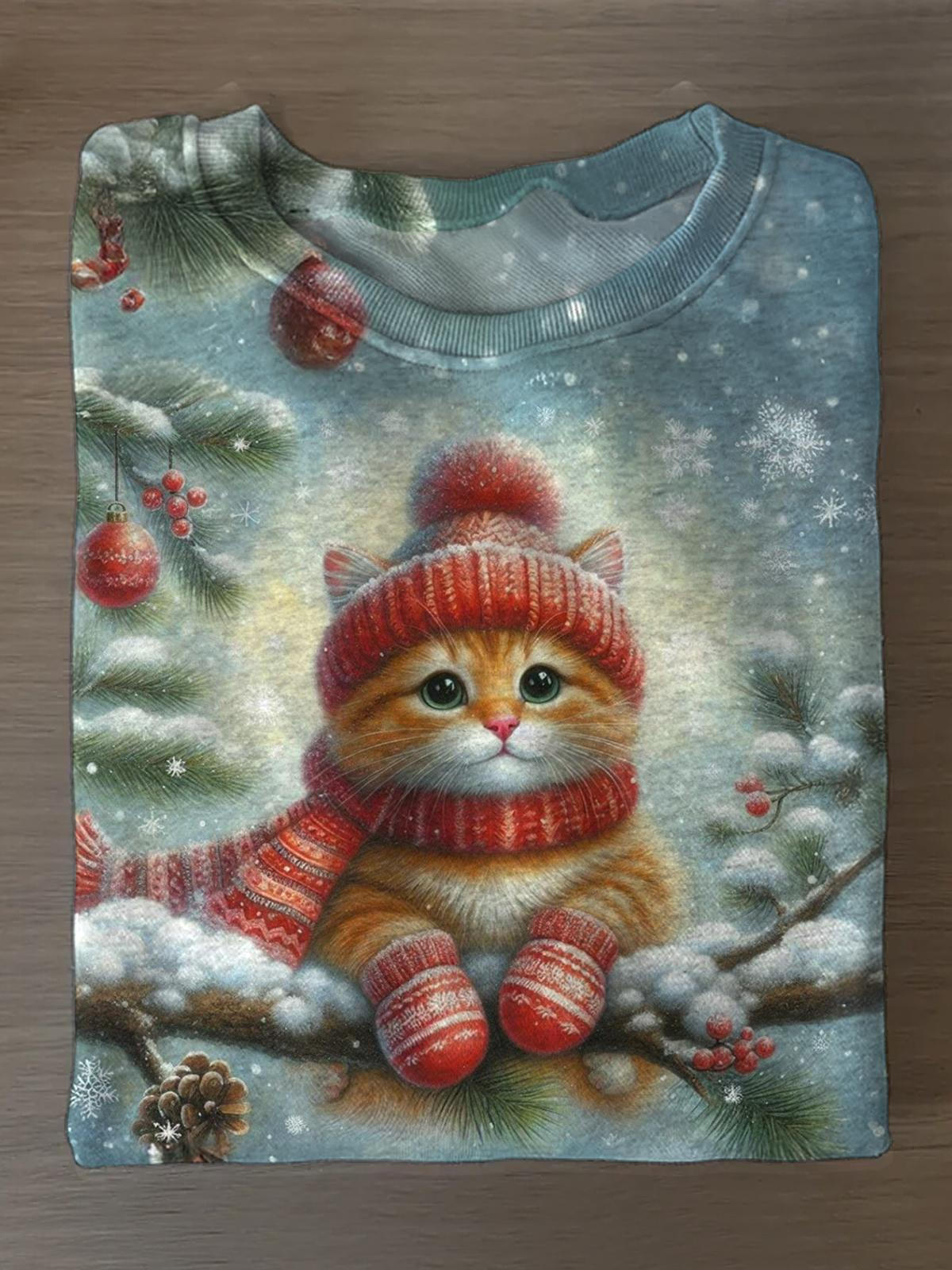 Cute Cat Merry Christmas Printed Long Sleeve Casual Top