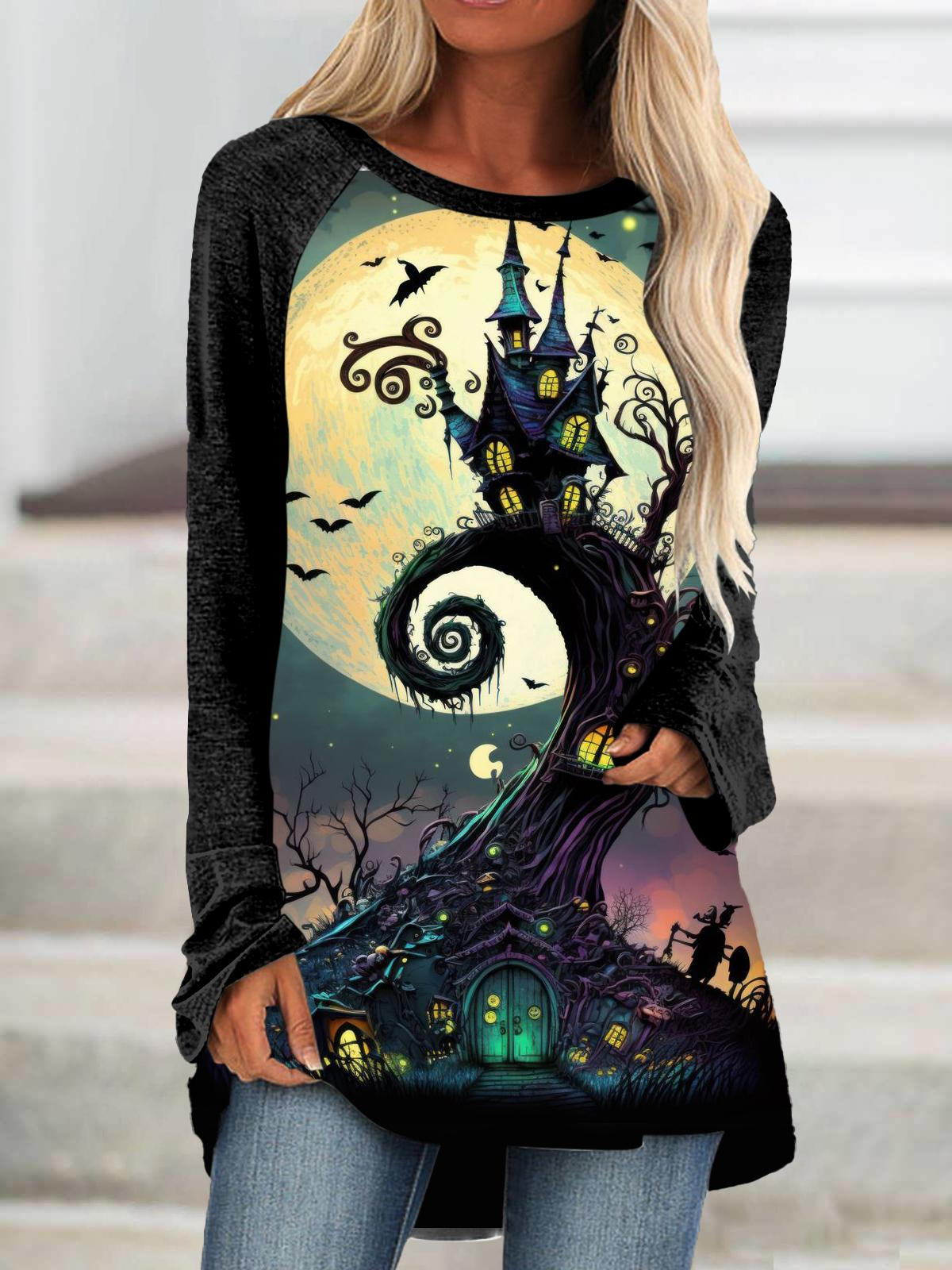 Spooky Castle Long Sleeve Printed Top