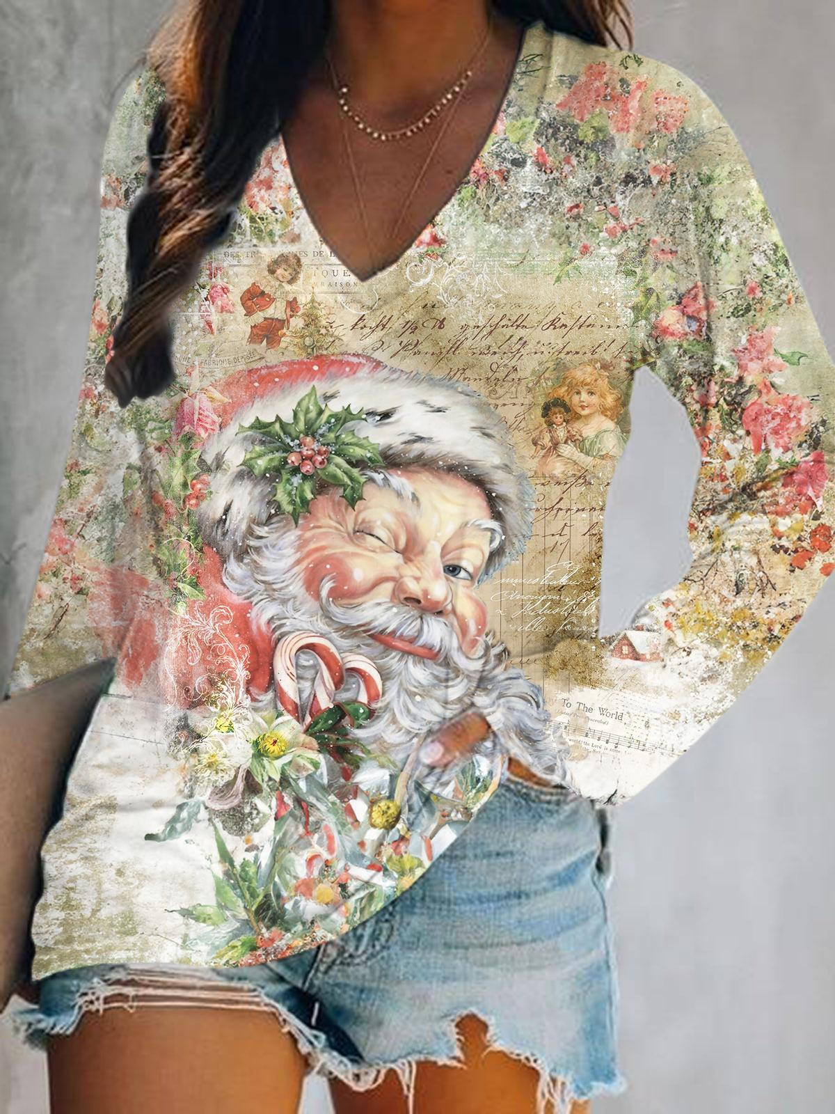 Vintage Santa Clause Print V-Neck Long Sleeve Top