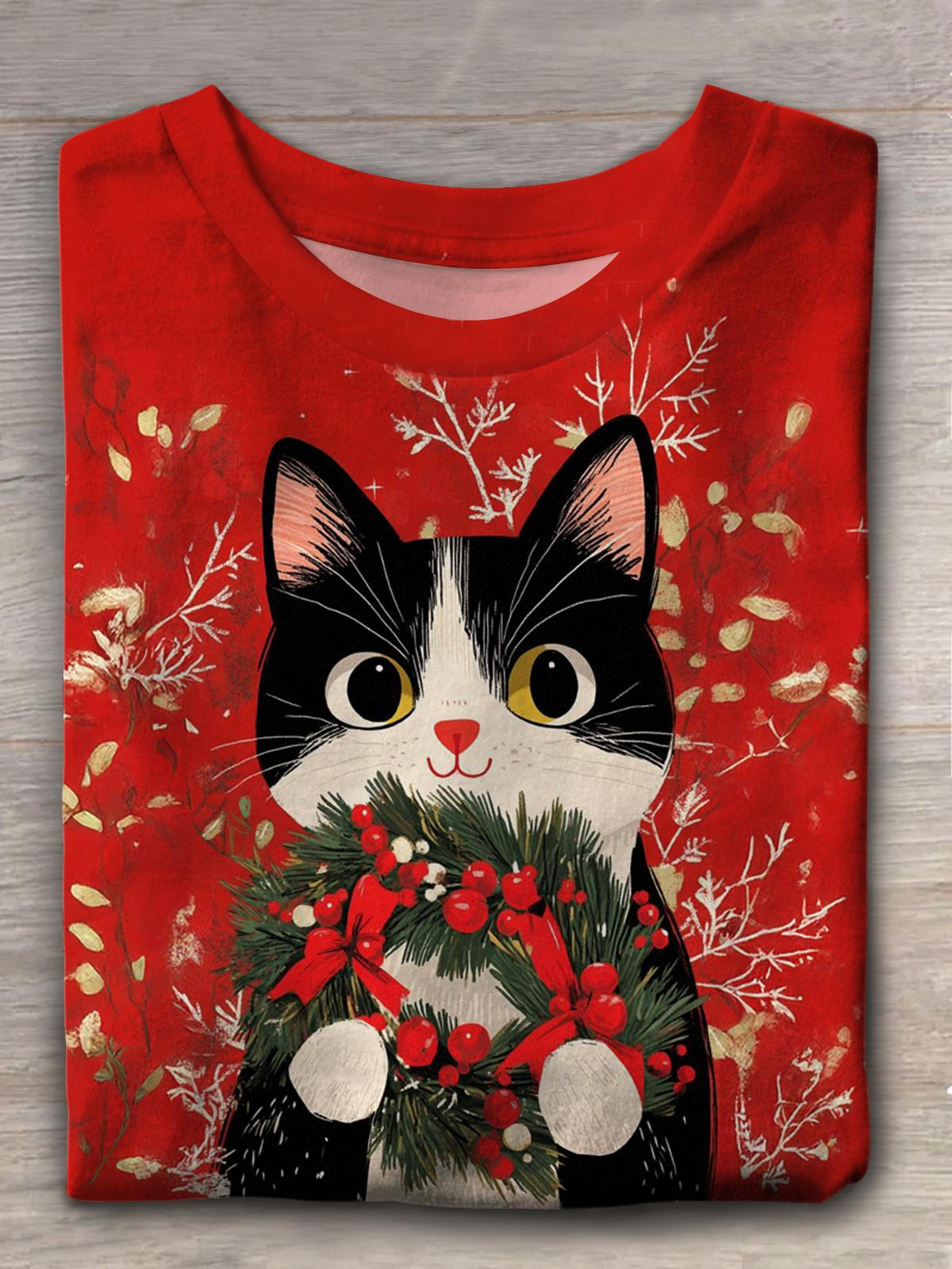 Merry Christmas Cat Crew Neck T-shirt